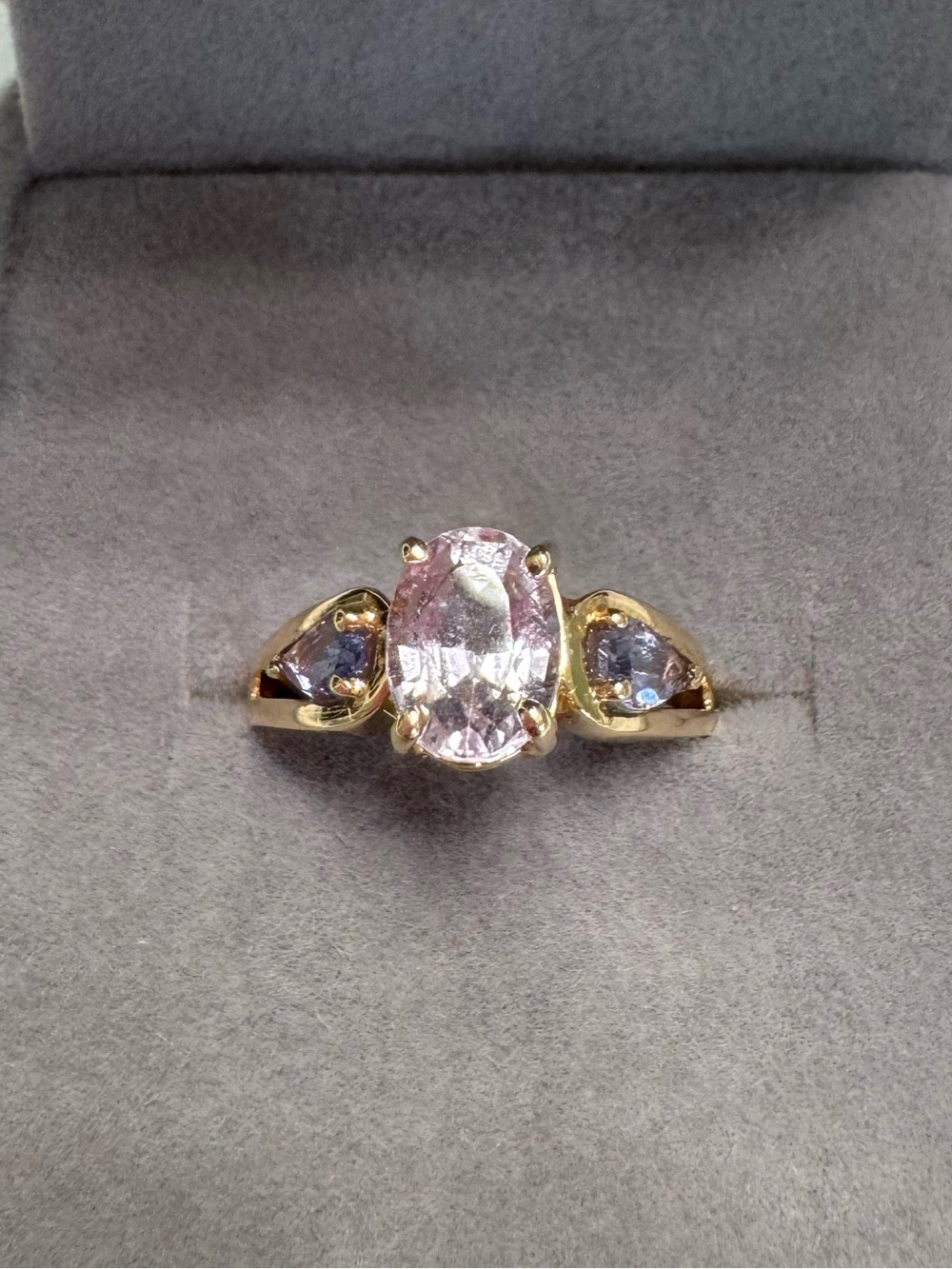 14K gold ring with Light Pink Oval cut tanzanite and Purple quartz